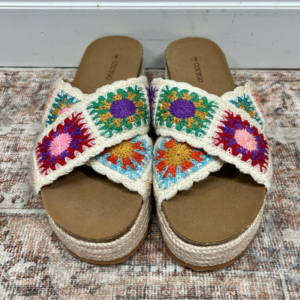 Coutgo Platform Espadrille Sandals Women 8 Floral Crochet Cork Platform Open Toe - Picture 3 of 6